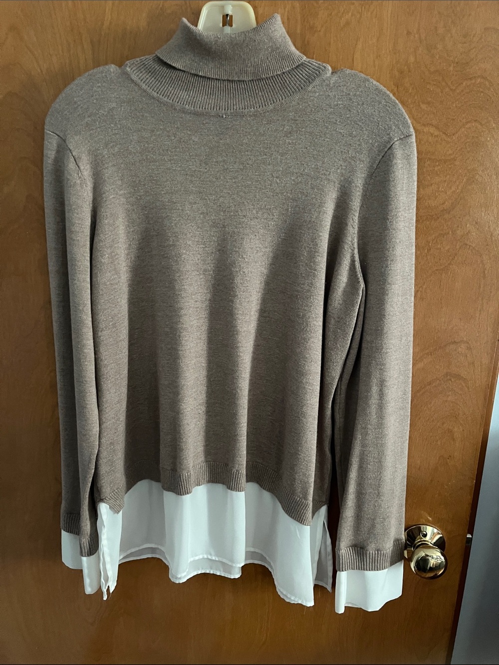 Adrianna Papell Taupe Layered-Look Turtleneck Sweater with White Hem